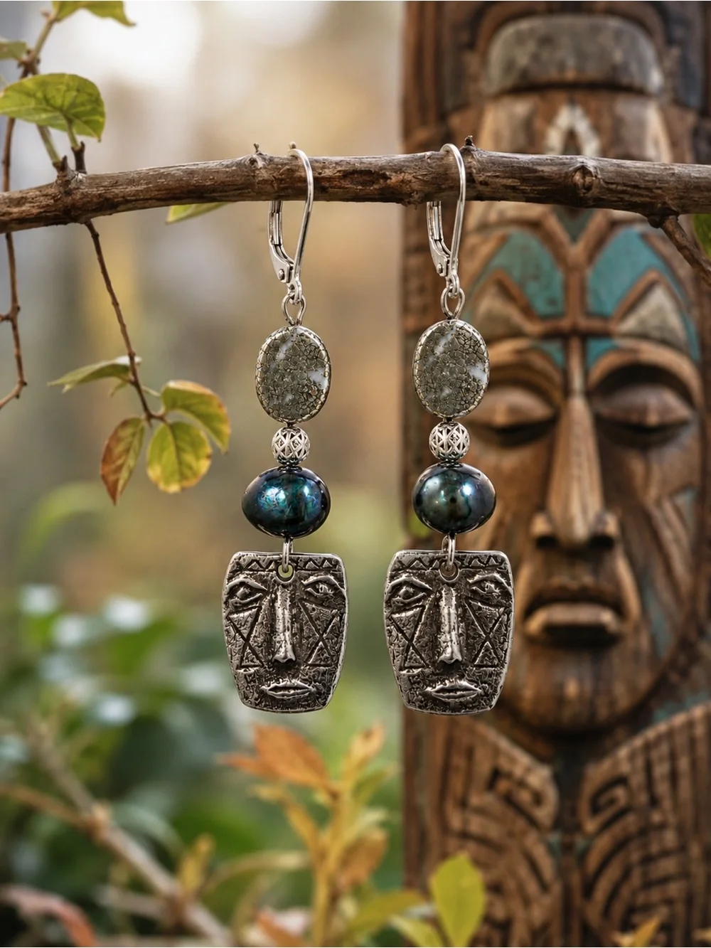 OOAK Pyrite & Peacock Freshwater Pearl Face Earrings | Signed Inviciti Artisan